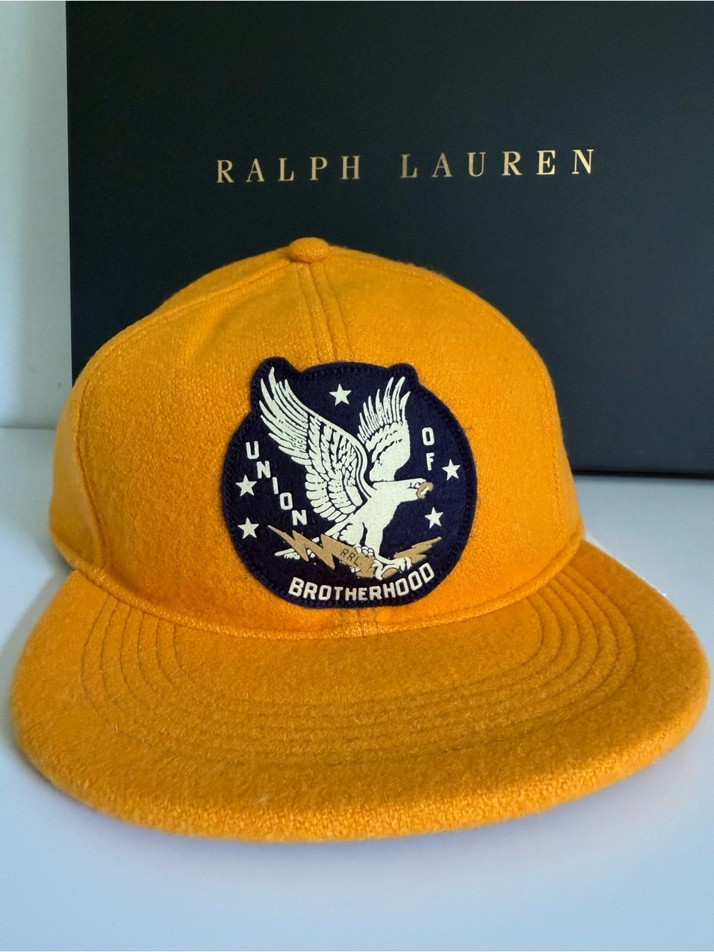RRL Ralph Lauren Men’s Wool Leather Strap Brotherhood Eagle Cap Hat Gold NWT - Picture 1 of 17